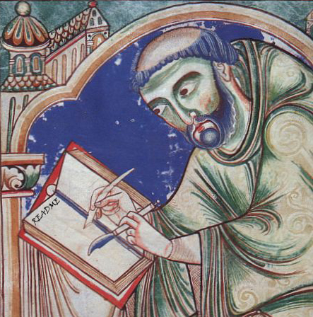 The picture which seems from the middled-age shows a monk which writes in a book with blank pages. One page shows the text 'README'.