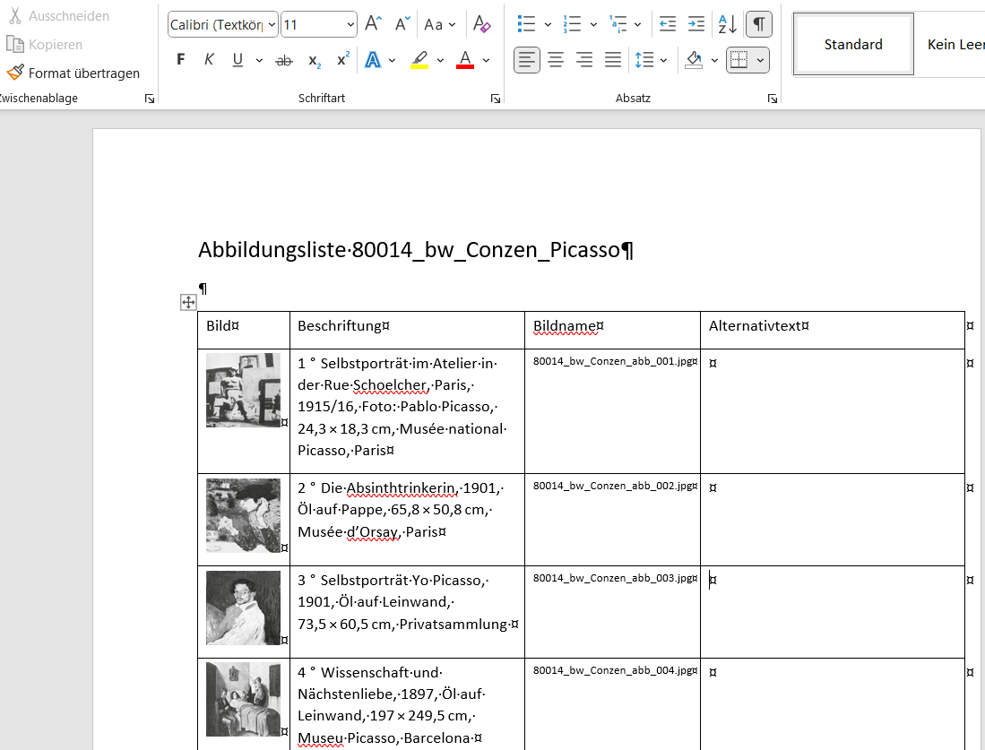 Ein Microsoft Word Dokument mit einer tabellarischen Ansicht von Bildern, ihren Dateinamen und Alternativtexten.