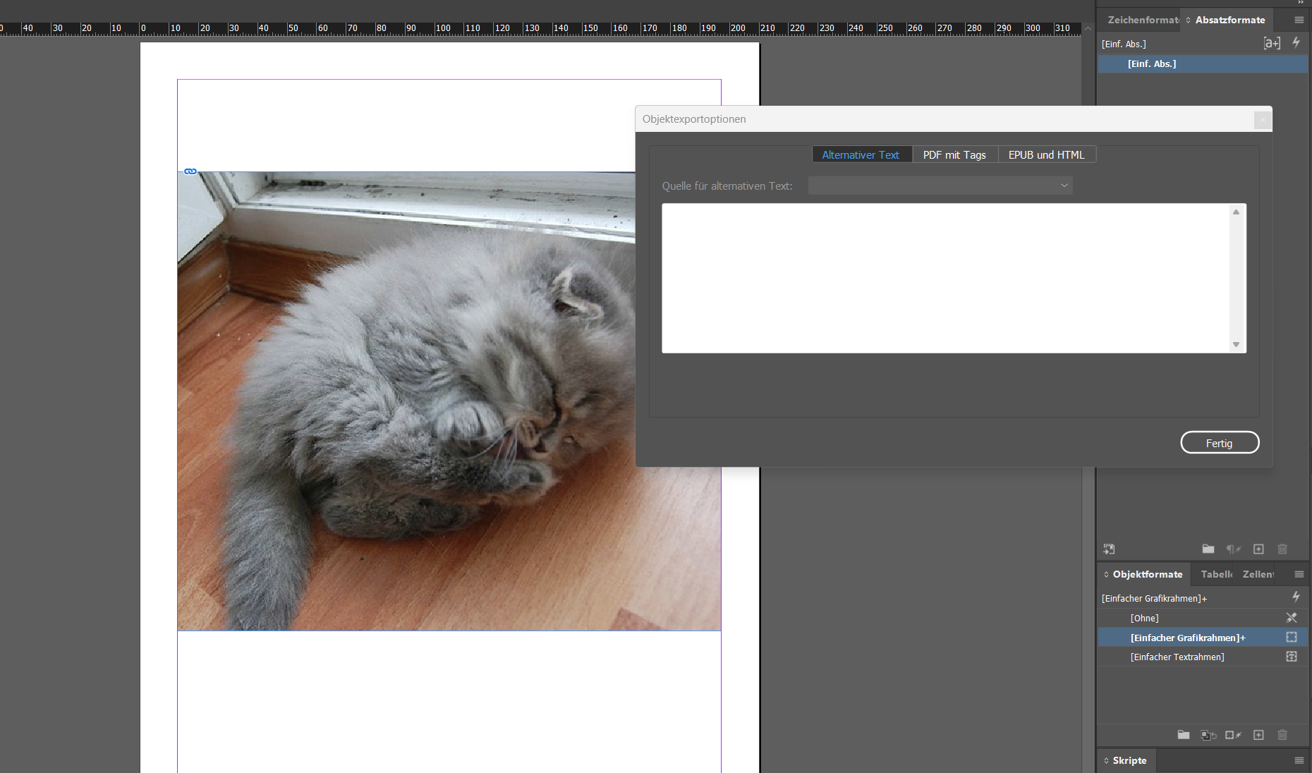 Eingabe von Alternativtexten in den Objektexportoptionen von Adobe InDesign.