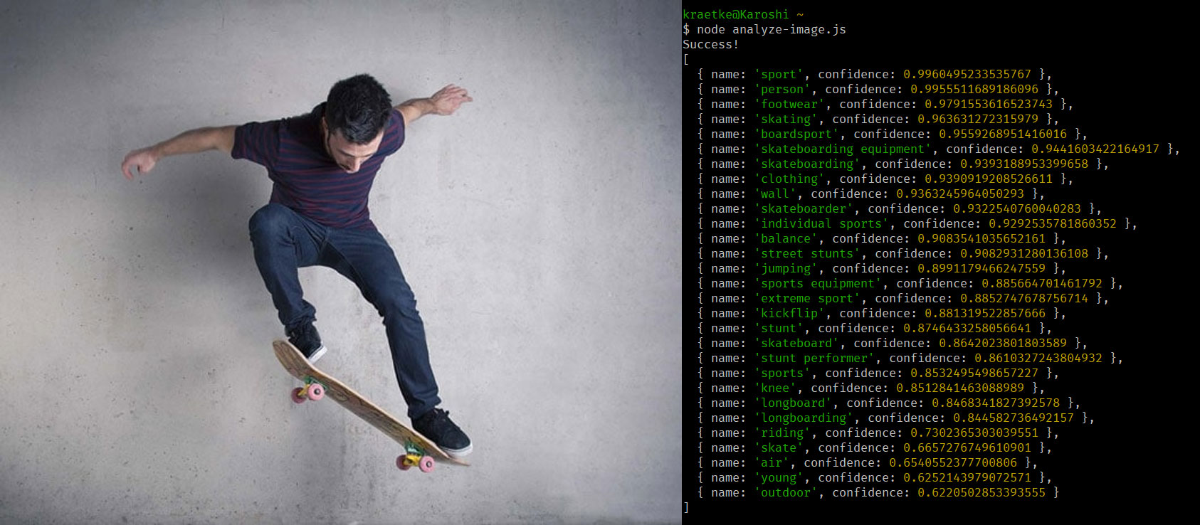KI-Analyseergebnisse eines Fotos von einem Skateboarder. Die KI ordnet Begriffe wie sports, skating, skateboarder zu.